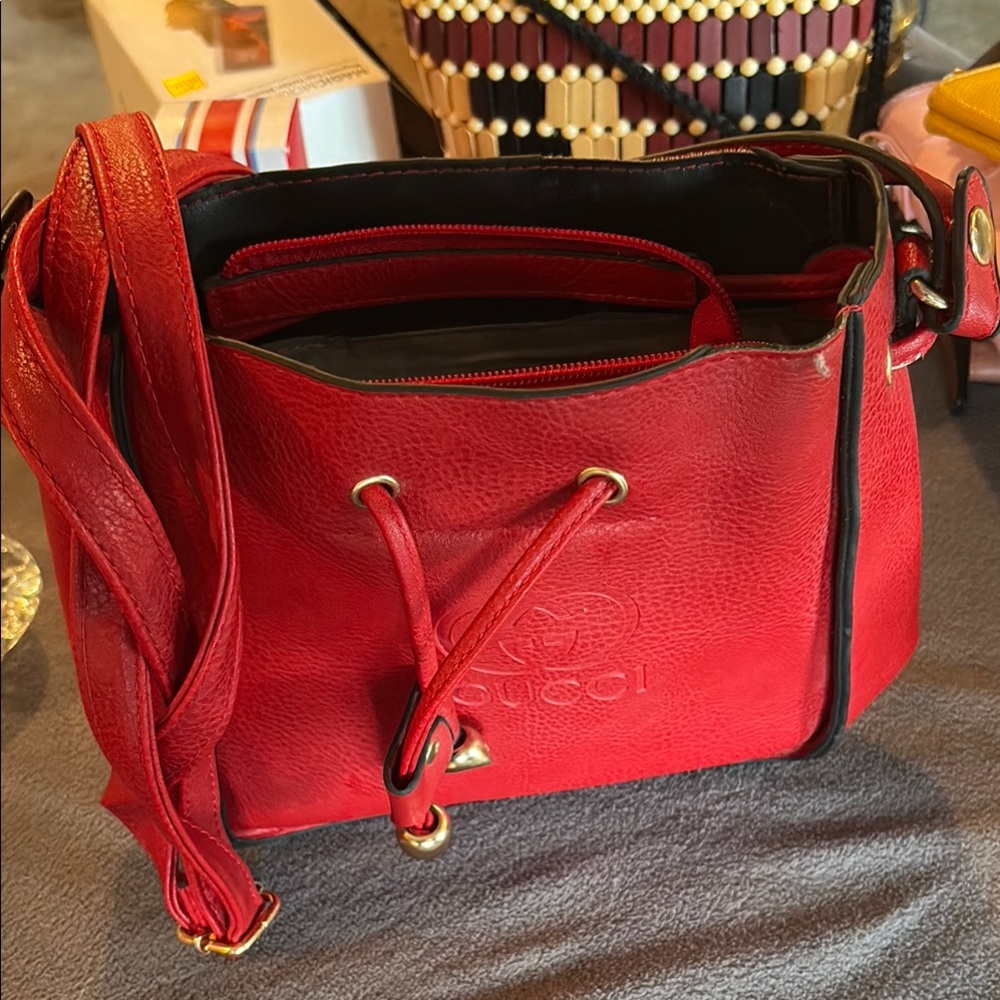 Red Leather Drawstring Bag - Picture 2 of 3